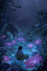 Wall Mural - A girl sits meditating in a glowing rain forest.