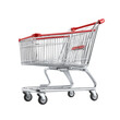 © Kabir - A classic metal shopping cart with red plastic handles and a basket for groceries isolated on transparent background
