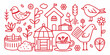 © razibul - Charming red line art illustration of birds houses flowers and garden elements