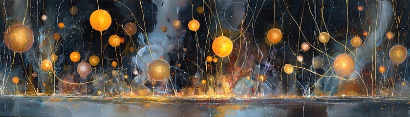 Wall Mural - Abstract artwork with luminous spheres suspended on thin threads.