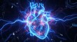 © Element 3D - Vibrant digital human heart illuminated by powerful blue electrical impulses, symbolizing advanced cardiology and futuristic technology.