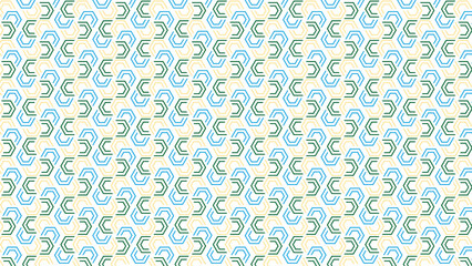Abstract pattern of repeating blue and green letters and symbols on a light background