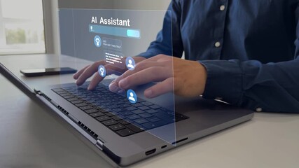 Person searching for information with the help of Ai assistant.Virtual assistant, artificial intelligence Bot and CRM software automation technology.Ai generator documents,bot writing and coding	
