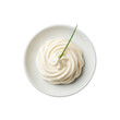 © Hannelore - transparent mayonnaise dollop with peaks, green chive, on white ceramic saucer, isolated on transparent background, studio lighting, concept of culinary perfection