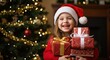 © Soleh - A joyful child in a Santa hat holds Christmas presents, surrounded by a decorated Christmas tree.