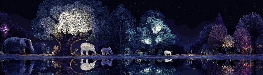 Wall Mural - Illuminated forest scene with elephants by a water's edge at night.
