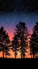 Wall Mural - Silhouettes of trees at sunset against a starry sky.