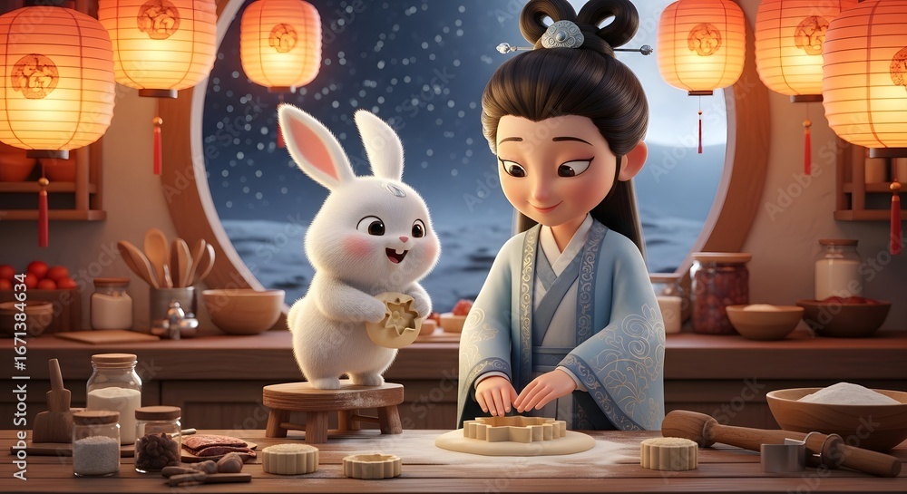 Cartoon Girl and Rabbit Making Mooncakes with Lanterns Stock ...