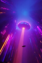 Wall Mural - Futuristic city with a flying object under a glowing disc.