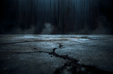Cracked concrete floor with vertical corrugated metal wall and atmospheric smoke concrete texture