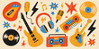 © Sanjoy - Retro music collage featuring guitars microphones headphones cassette player and vinyl records