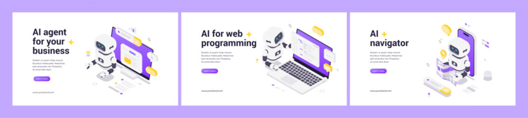 Artificial intelligence robot with business automation, web programming code, navigation map, data analysis, innovation, technology process. Modern Isometric Web Banner Vector Illustration