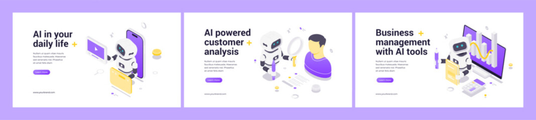 modern isometric web banner set with ai robot, data analytics, business management, customer analysi