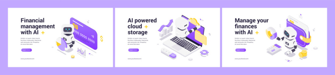 Isometric vector set featuring AI robots managing finances with banking, cloud storage, and automated budgeting tools for modern digital financial solutions and data handling.