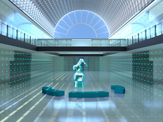 Futuristic pixelated robot in metaverse environment with digital lighting