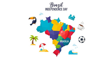 Colorful illustration celebrating Brazil Independence Day, featuring a map of Brazil adorned with iconic symbols.