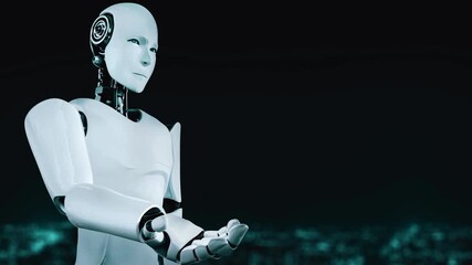 Wall Mural - ai hominoid robot holding virtual hologram screen showing concept of ai brain and artificial intelli