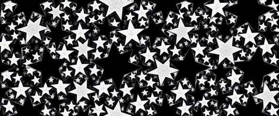 Wall Mural - Chaotic black & white retro star pattern Geometric shapes, abstract texture, seamless design ideal for wallpaper, fabric,  pattern,  design element