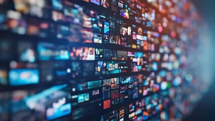This dynamic footage showcases many screens displaying content, representing media streaming, social media feeds, or various digital platforms, illustrating the information age.