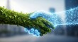 © hsa1 - Green handshake with digital blue energy handshake, symbolizing ecofriendly technology and partnership