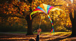 © Sukma - Colorful Kite Soaring in Autumn Park, Childs Joyful Release.