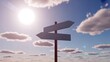 © cd - A 3d rendering of a blank signpost with two arrows pointing in different directions against a bright blue sky with fluffy white clouds, created with generative ai