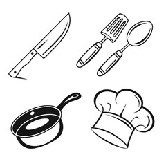 Illustration of kitchen utensils including a knife, spatula, spoon, pan, and chefs hat, perfect for culinary themes and restaurant designs