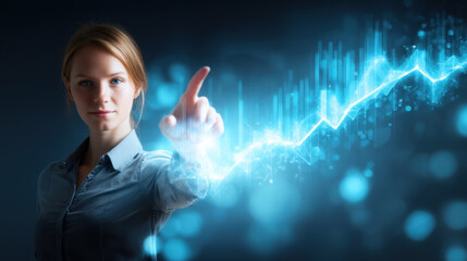 Wall Mural - woman in blue shirt interacts with glowing digital graph, symbolizing growth and technology. backgro