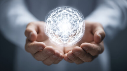 Wall Mural - person holds glowing, spherical object made of light and energy, symbolizing innovation and technolo