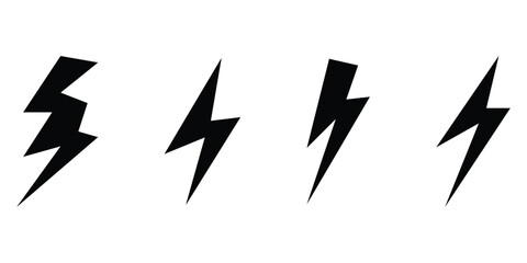 Black lightning vector icon set on isolated white background. 4 different shapes dark lightning icons. Thunder, battery, electric, lightning elements