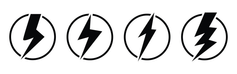 Black lightning vector icon set on isolated white background. 4 different shapes dark lightning icons. Thunder, battery, electric, lightning elements. EPS 10.