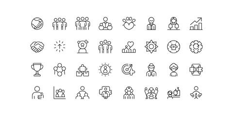 Diverse hand-drawn icons representing technology business science and education concepts in a grid layout white background