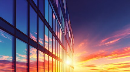 Wall Mural - Modern skyscraper reflecting vibrant sunset colors with dramatic clouds in the background, symbolizing urban beauty