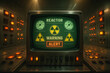 © CreativeIMGIdeas - Nuclear Alert: A vintage screen displays a stark warning message against the backdrop of an industrial control room. The scene conveys tension, with the clear symbols and a detailed environment.