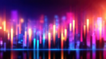 Wall Mural - Vibrant city skyline at night with colorful light streaks reflecting on water, creating a dynamic atmosphere