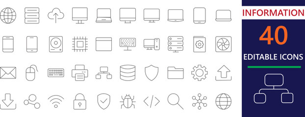 minimal black line icons representing computer, cloud, data, and it security concepts. perfect for w