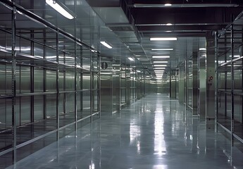  Photo of an empty industrial cold room with stainless steel shelves, designed for commercial refrigeration storage