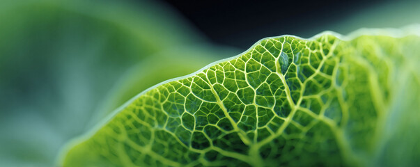 Macro shot showcases the intricate details of a vibrant green leaf with visible veins, symbolizing nature, growth, and interconnectedness. Ideal for backgrounds, health, or environmental themes.
