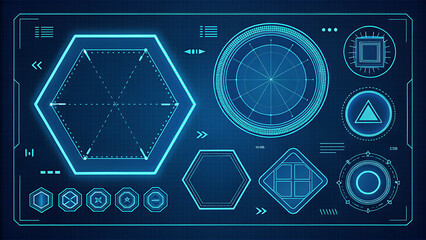 Wall Mural - Futuristic Blue Digital HUD Interface with Geometric Shapes and Data Displays technology
