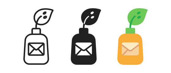 Eco-friendly email icon set with leaf design in linear, solid, and flat styles