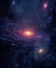 Spiral galaxy illuminating space. Cosmic nebula with stars. Universe exploration. Science fiction abstract digital background.