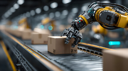 Wall Mural - automated precision on the production line: a state-f-the-art robotic arm effiiently moves cardboard