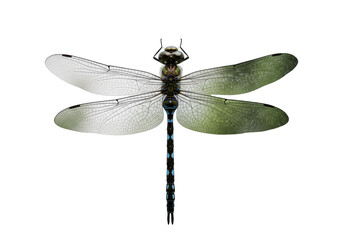Isolated Emperor Dragonfly insect overhead studio shot detailed wings and thorax pattern