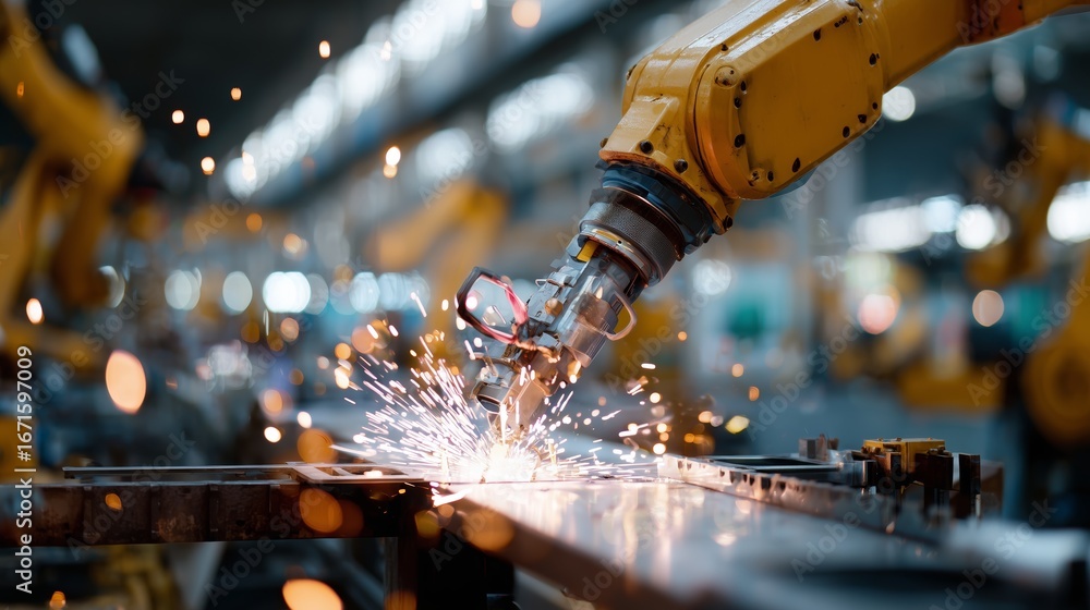Robotic arm performs welding tasks in a modern manufacturing facility ...