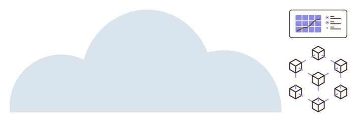 Cloud surrounded by analytical chart and connected blockchain cubes, suggesting decentralized storage and data analysis. Ideal for technology, innovation, cloud computing, big data, blockchain