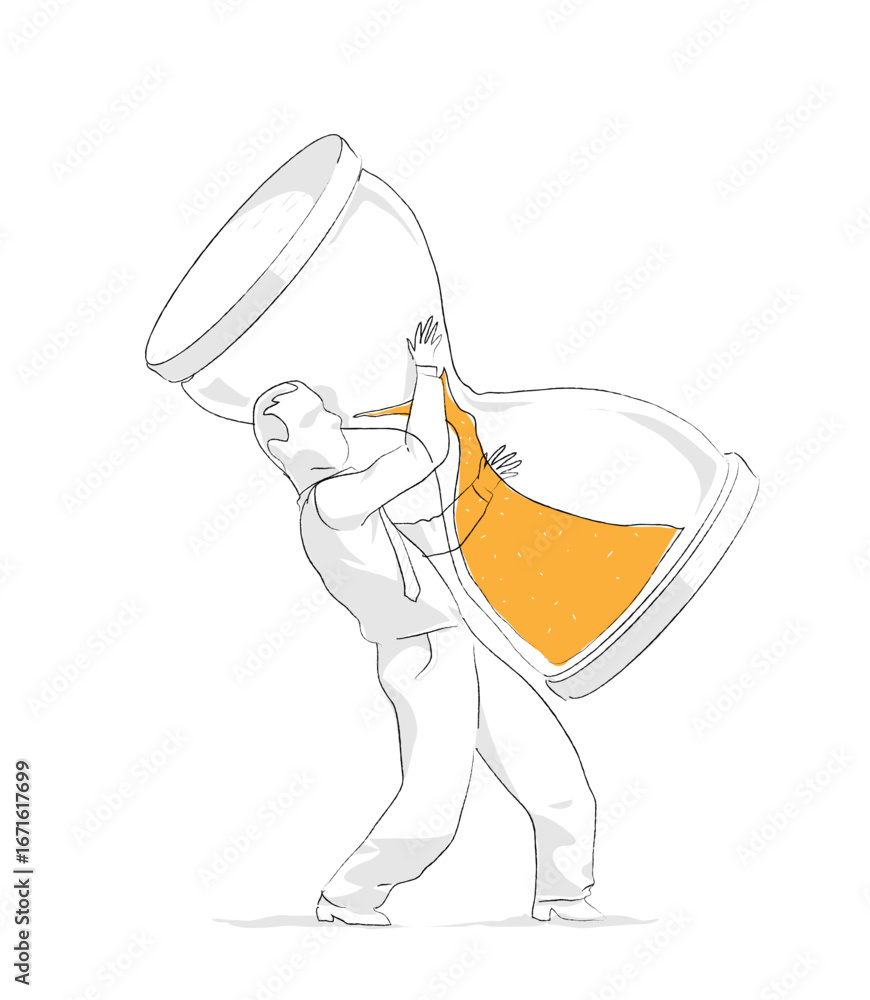 Pencil Drawing of a Man Carrying an Hourglass – Symbolic Black and White Sketch