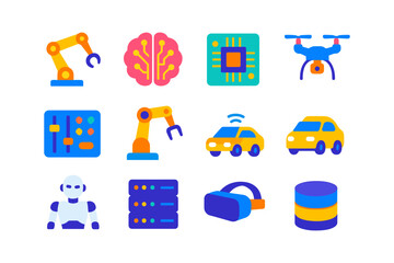 Wall Mural - Colorful flat set: robotics, ai, automation, drone, and technology elements