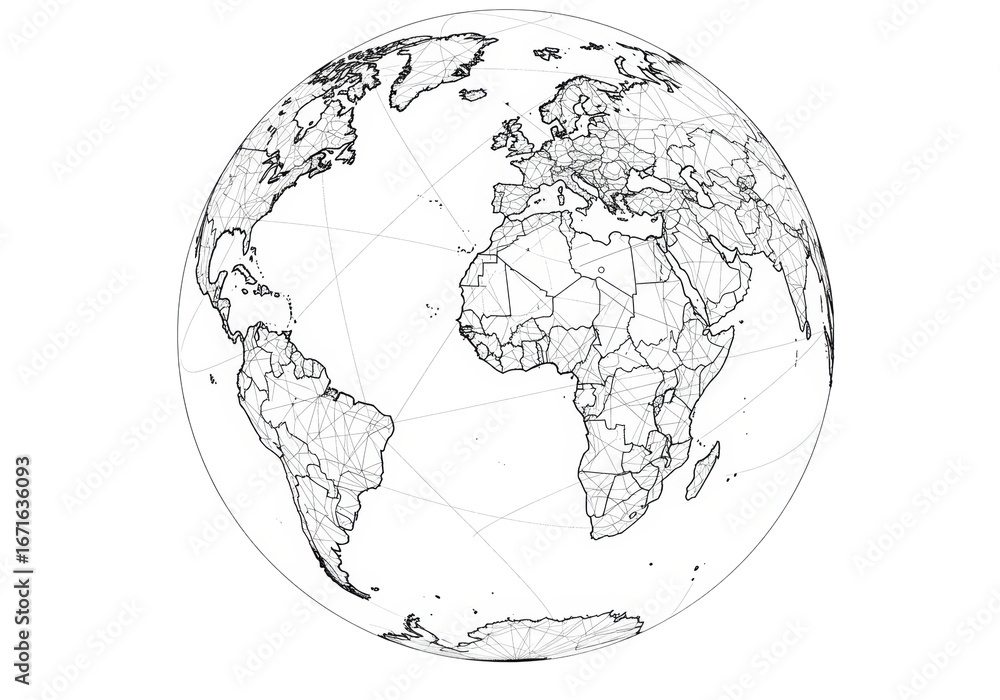 Isolated World map projection, countries and borders in black outline ...