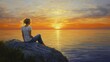 © Gendut - Woman sits on rock, watching sunset over ocean.
