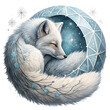 © MD SHAHID MIYA - Illustration of sleeping arctic fox curled up inside a crystal moon isolated on white background in watercolor style